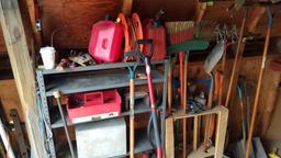 Contents of shed, sealtest milk box, alum stepladder, yard tools, plastic chairs, snowman, garden