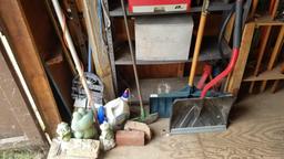 Contents of shed, sealtest milk box, alum stepladder, yard tools, plastic chairs, snowman, garden