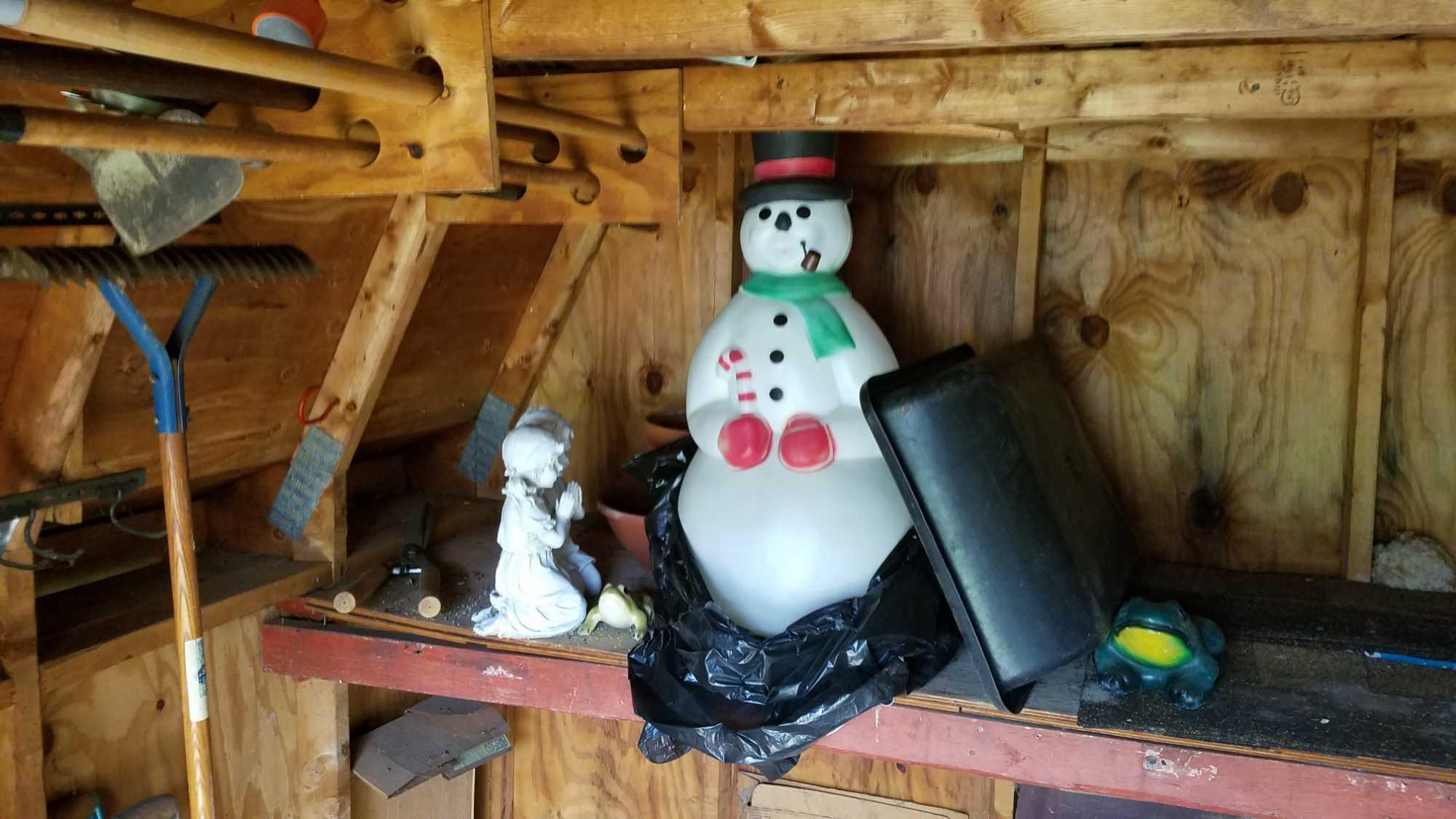 Contents of shed, sealtest milk box, alum stepladder, yard tools, plastic chairs, snowman, garden