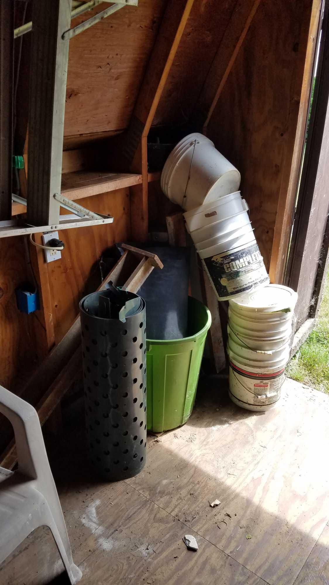 Contents of shed, sealtest milk box, alum stepladder, yard tools, plastic chairs, snowman, garden