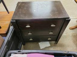 Stands, file box, box fan, tote of clothing and 3 drawer chest