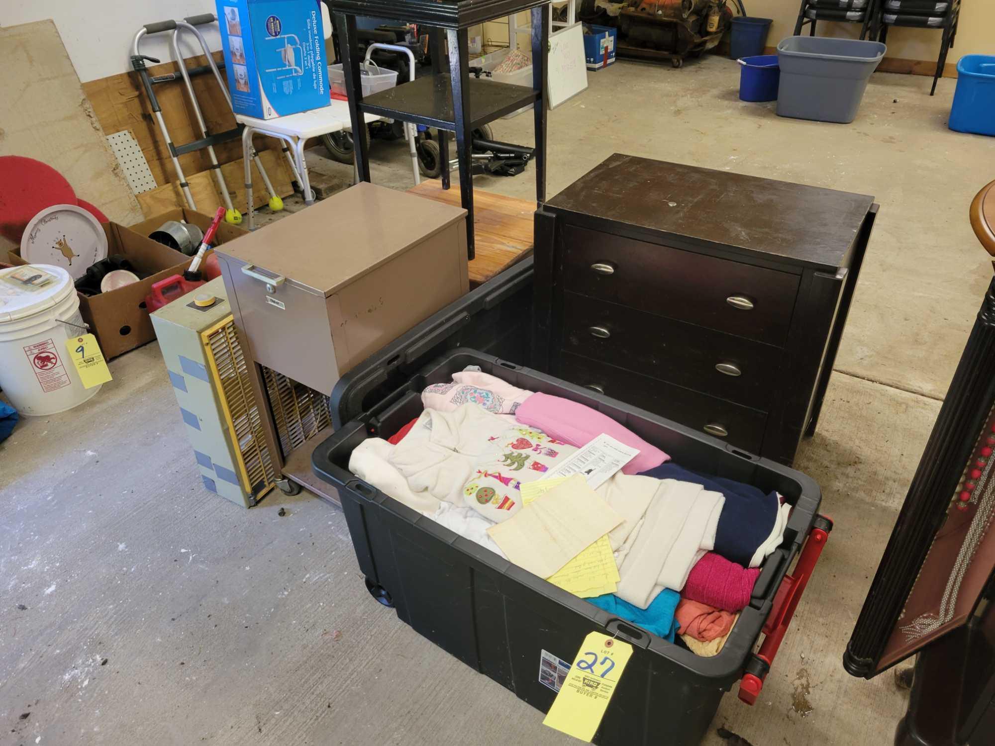 Stands, file box, box fan, tote of clothing and 3 drawer chest