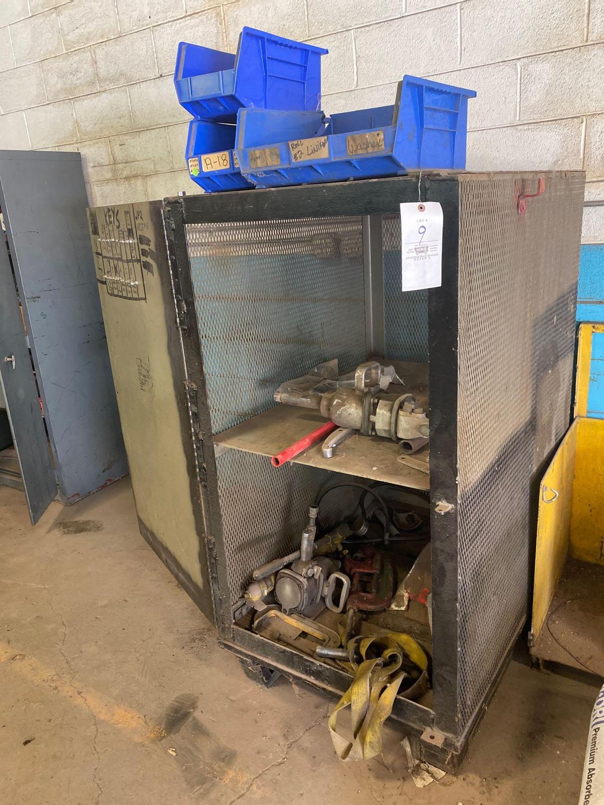 Metal mesh cabinet and contents, pipe cutter, impacts