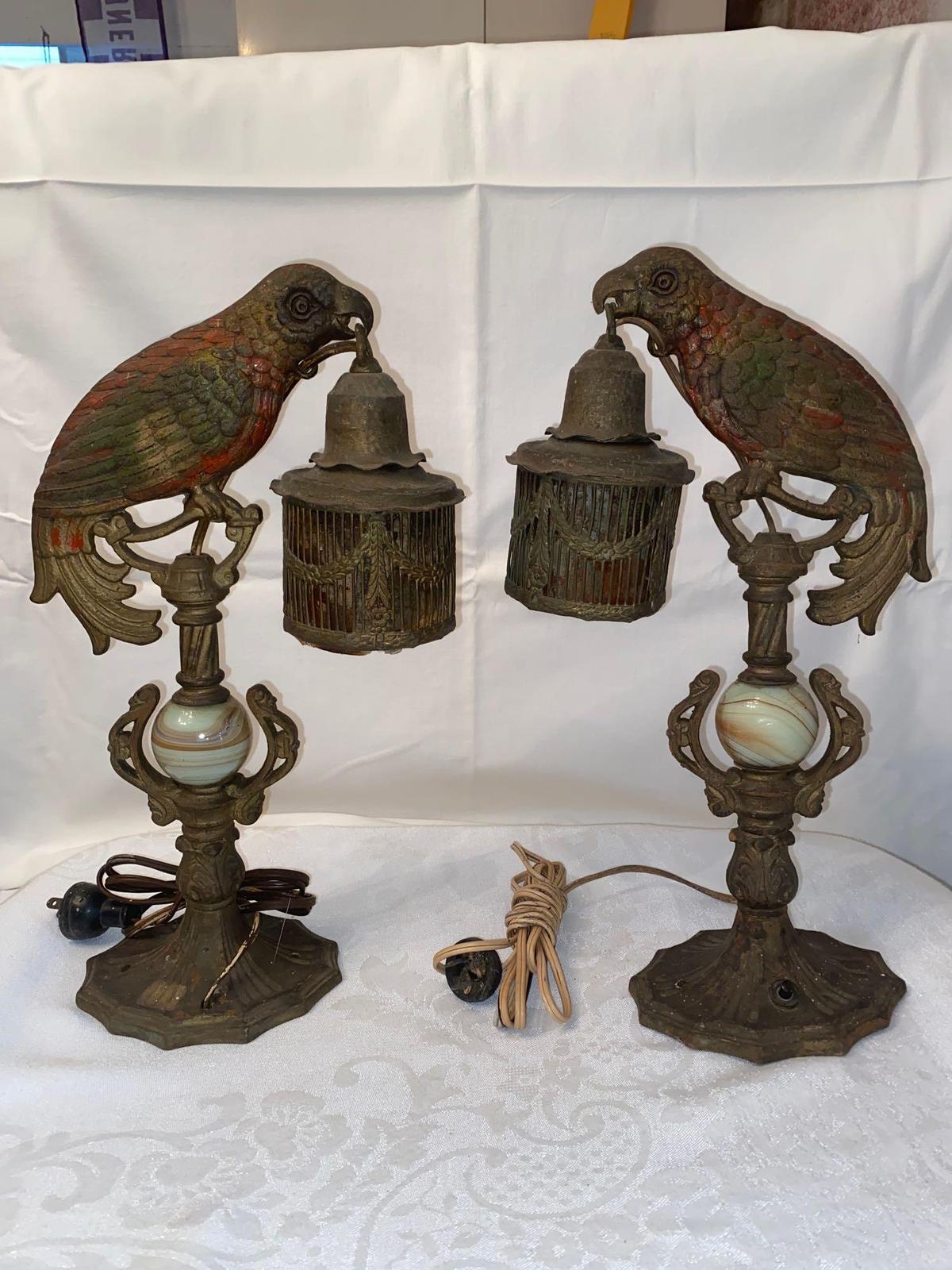 Pair parrot lamps w/mica shades, 15" tall.