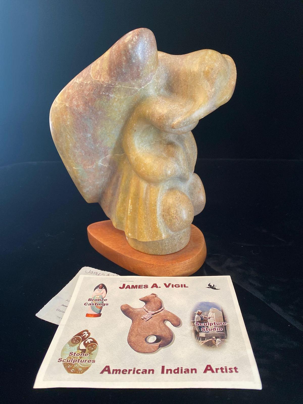 Signed James A. Vigil 8" tall stone sculpture, "Mythic Struggle"