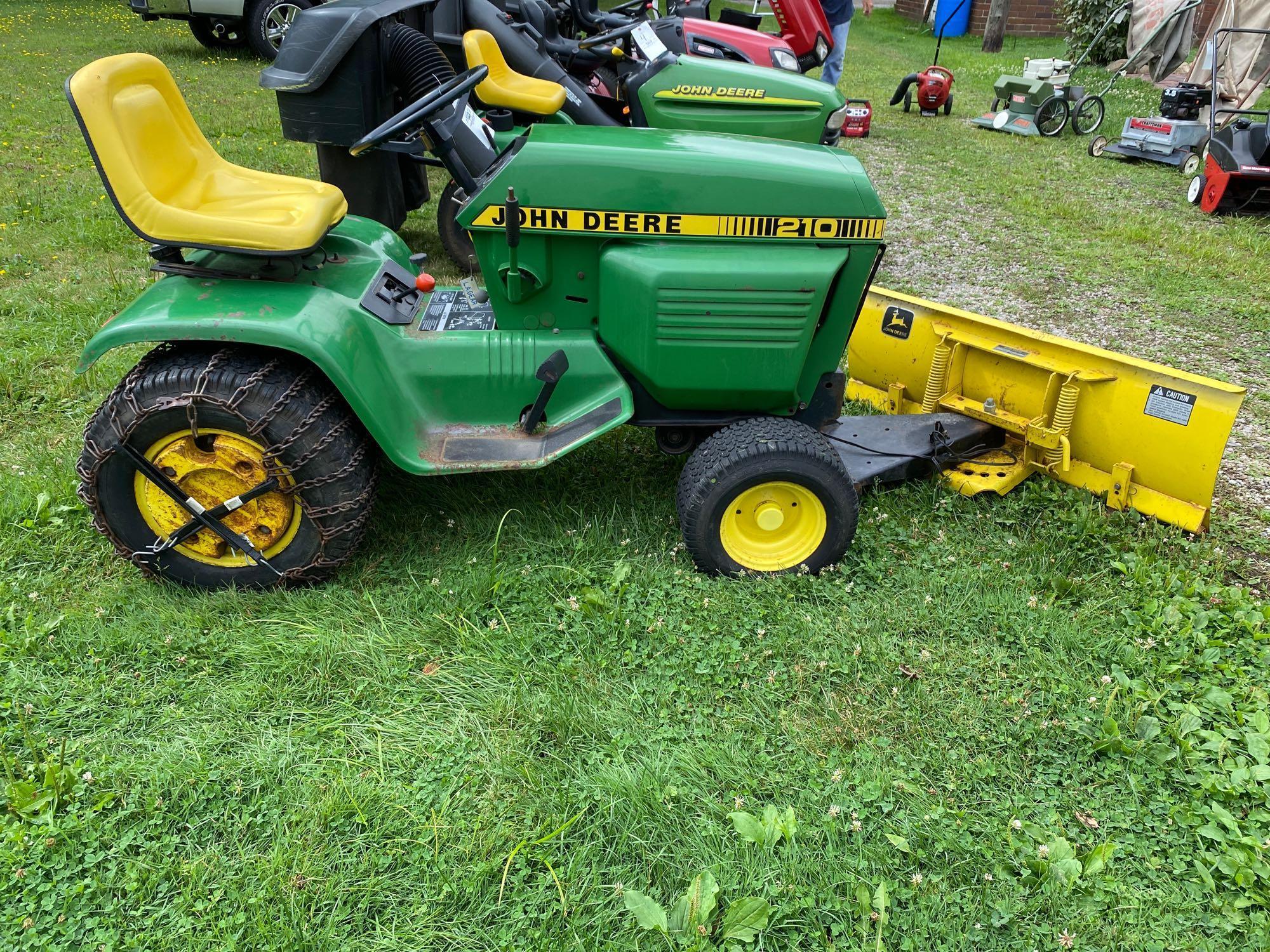 John Deere 210 Garden Tractor with snow blade, wheel weights, tire chains