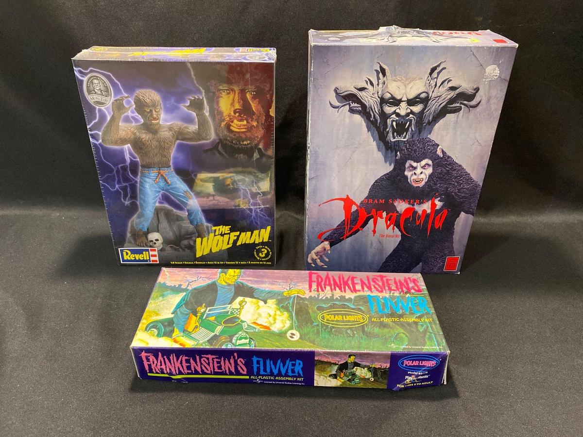 Monster Model Kits, Dracula, Frankenstein?s Flivver, The Wolf Man (factory sealed)