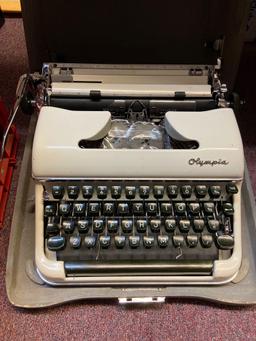 1950s Olympia W. Germany typewriter with new ribbon, sub woofer, mixer, graphic equalizer
