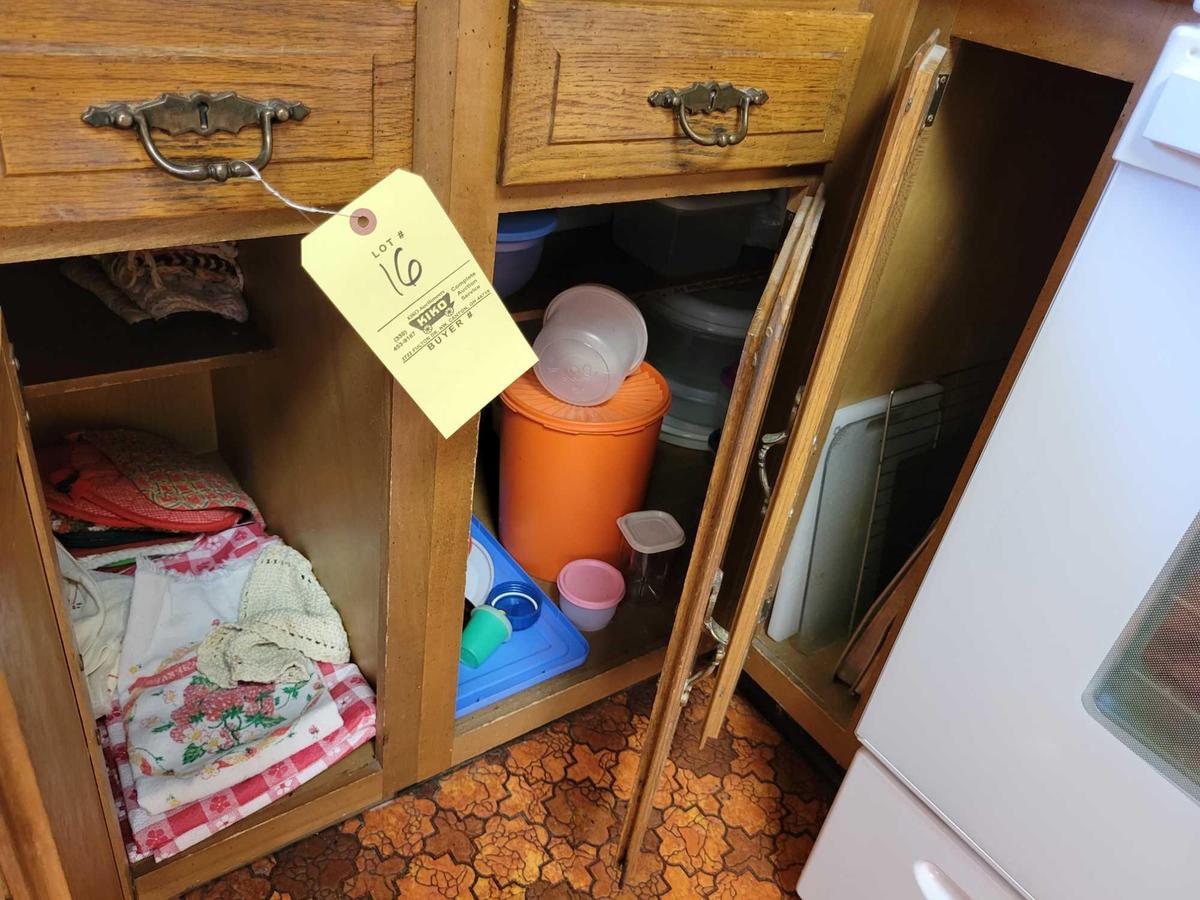 Contents of kitchen cupboards below countertop