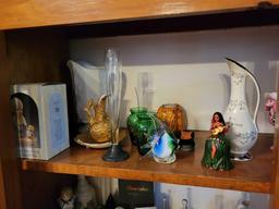 Lot steins, glass bells, figurines, and vases