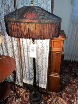 Antique wood oval floor lamp with decorative shade