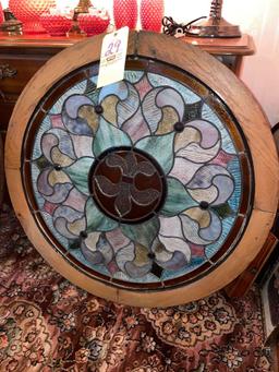 Pair of lead stained-glass windows with fleur de lis centers, 33 inches diameter