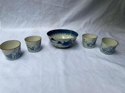 Early Chinese 7" dia. bowl & (4) cups.