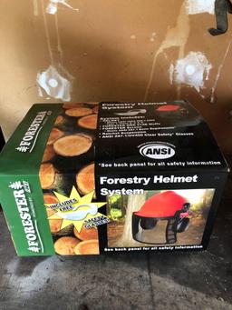 NIB forestry helmet, antique paint brush box