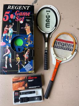 Regent 5 game set, Amerec sport telemeter, (2) tennis rackets.