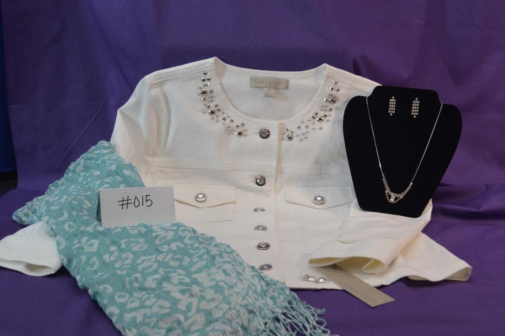 Laura Ashley white jacket in Size M with a contemporary silver/crystal necklace