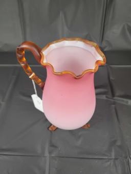 Peach blow footed pitcher with applied decor, 9 inches tall