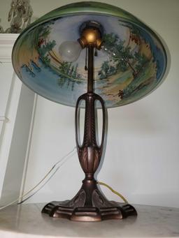 Vintage Table Lamp with Reverse Painted Shade