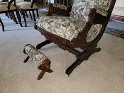 Victorian Style Carved Wood Rocker, Upholstered with Matching Stool