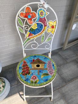 Inlaid colorful ceramic folding chairs & pedestal.