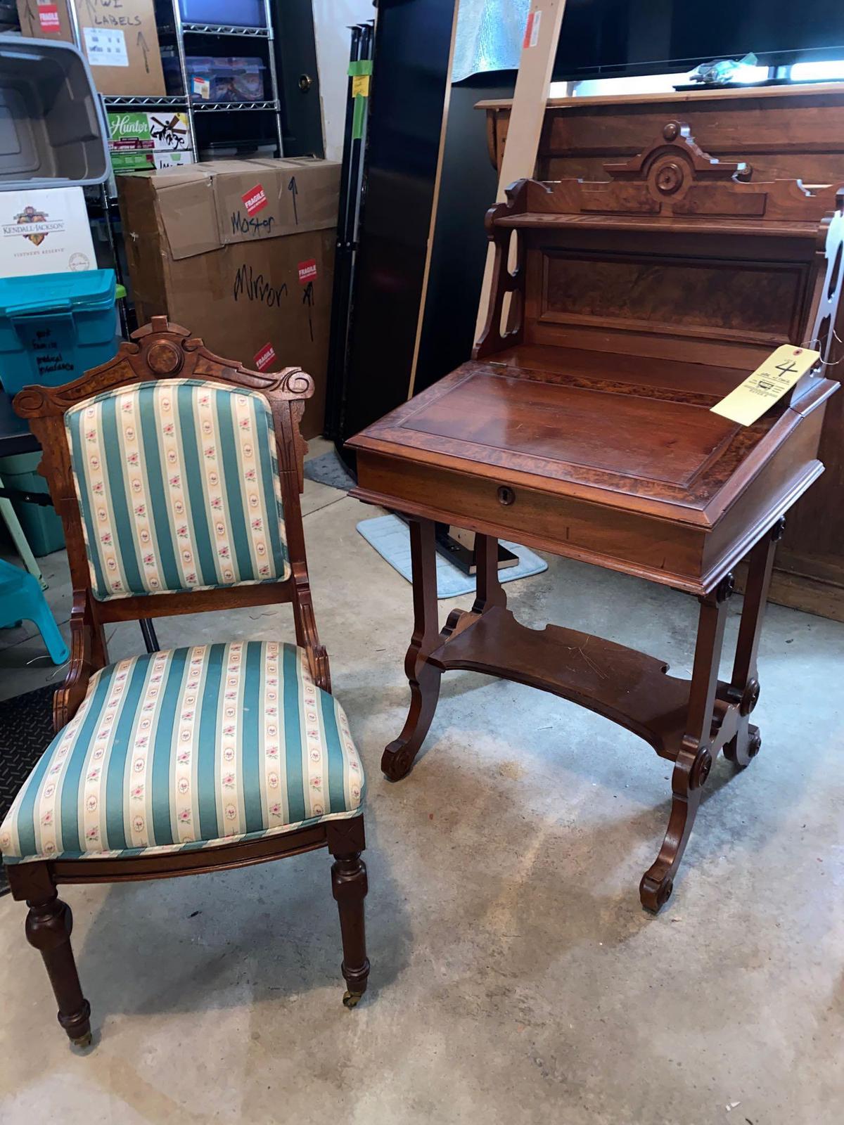 Victorian 2-pc. burled walnut lift top desk w/ Chair, 46" tall x 25" wide.