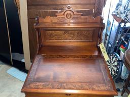 Victorian 2-pc. burled walnut lift top desk w/ Chair, 46" tall x 25" wide.