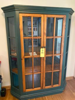 Modern pine China cabinet, 70" tall x 56" wide.