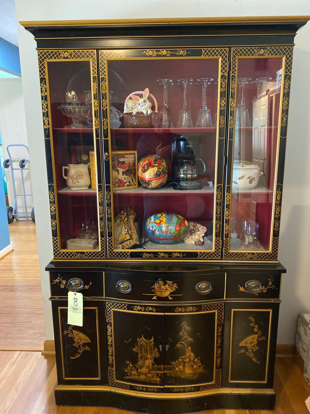 Oriental scene China cabinet, 71" tall x 44" wide.