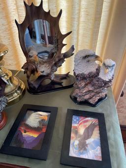 Brass lamp, bald eagle decor, clock, figurines