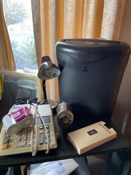 Paper shredder, type writer stand, misc. office supplies