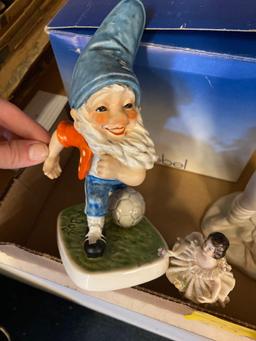 Goebel Co. boy in box, Lladro boy with goat, German frilly dress lady