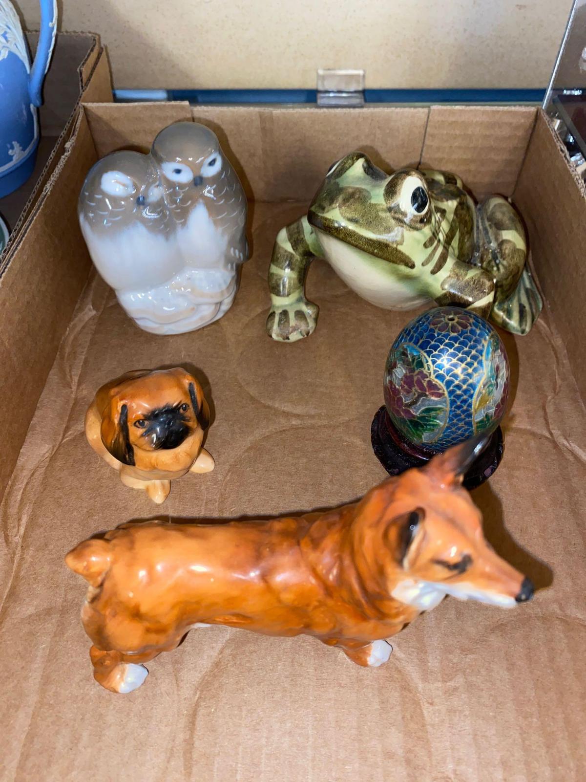 2 Royal Doulton dogs, brush McCoy frog, Royal Copenhagen owls, cloisonne egg