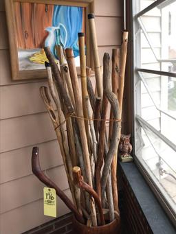 25+ walking sticks in nail keg stand