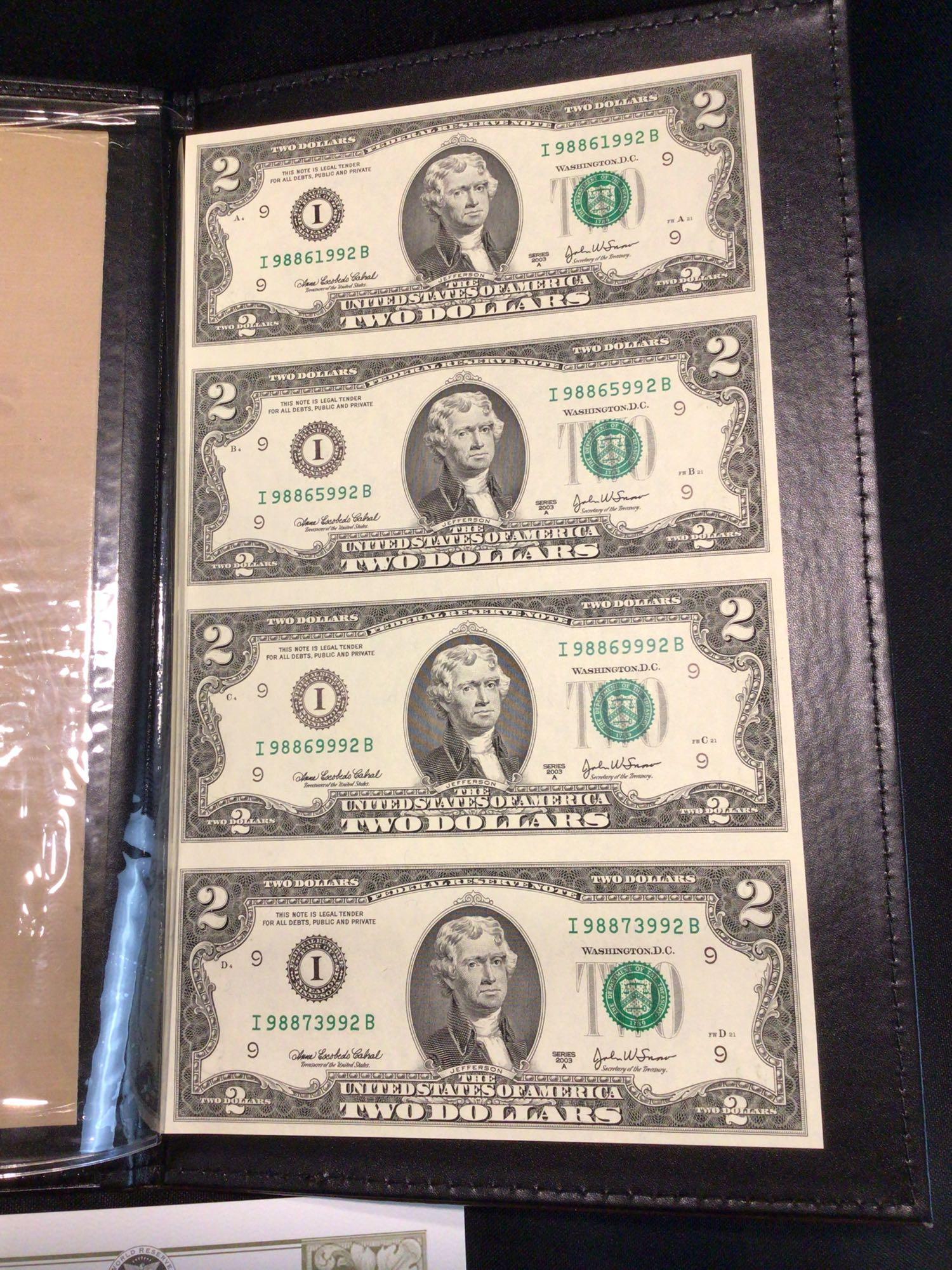 One Us Government issued sheet of $2 Bills