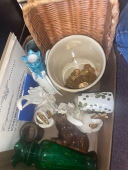 bronze presidential coins, Duck Dynasty items, pottery etc. two flats