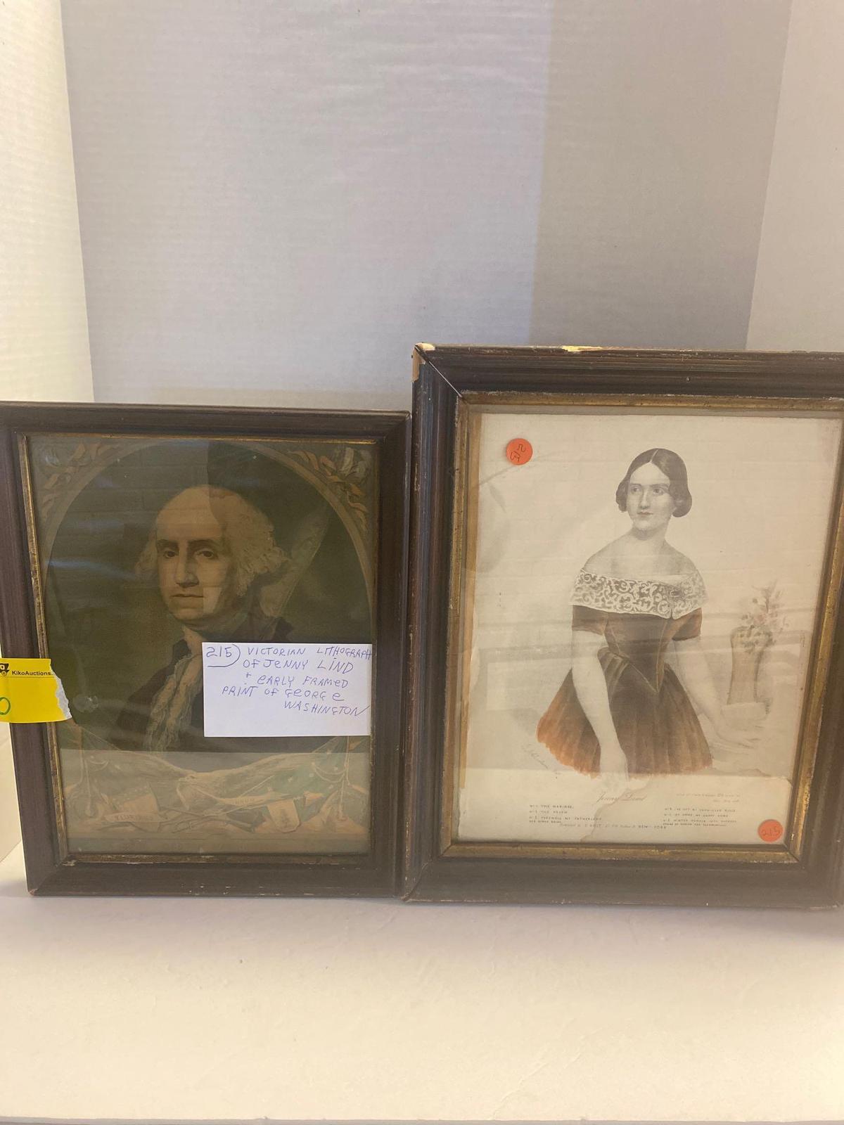 Victorian lithograph of Jenny Lind and early framed print of George Washington