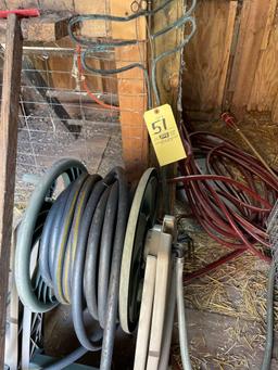 Garden hoses and reel, yard cart, crates, misc.