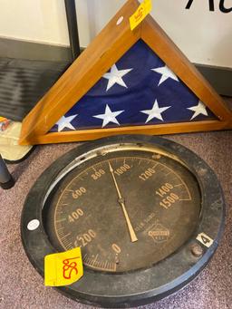 Duragauge and folded flag in wooden case