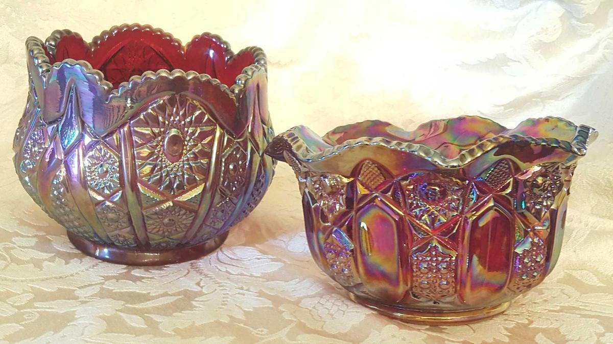 Vintage ruby flash carnival glass bowls, pair