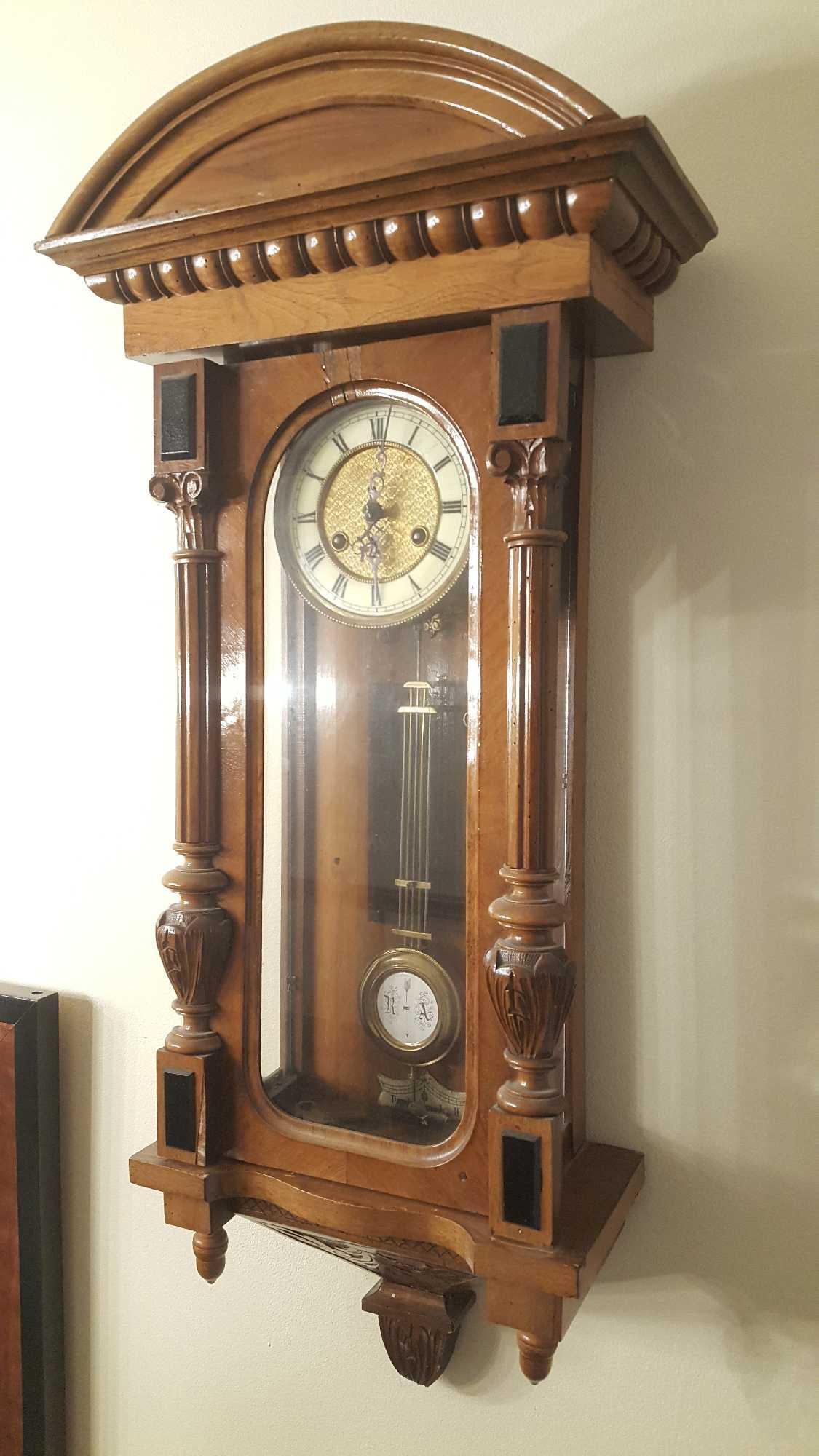 Antique wall clock, fancy case, running