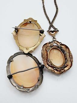 (2) vintage carved cameo pins, 1 necklace