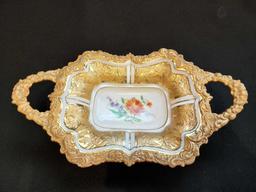 Antique heavily decorated golden porcelain dish, Meissen style mark