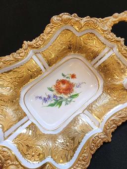 Antique heavily decorated golden porcelain dish, Meissen style mark