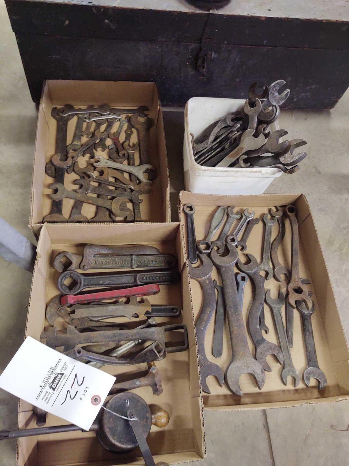 Wooden Toolbox & Assorted Wrenches