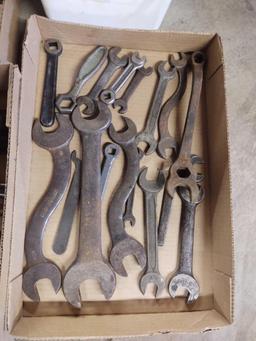 Wooden Toolbox & Assorted Wrenches