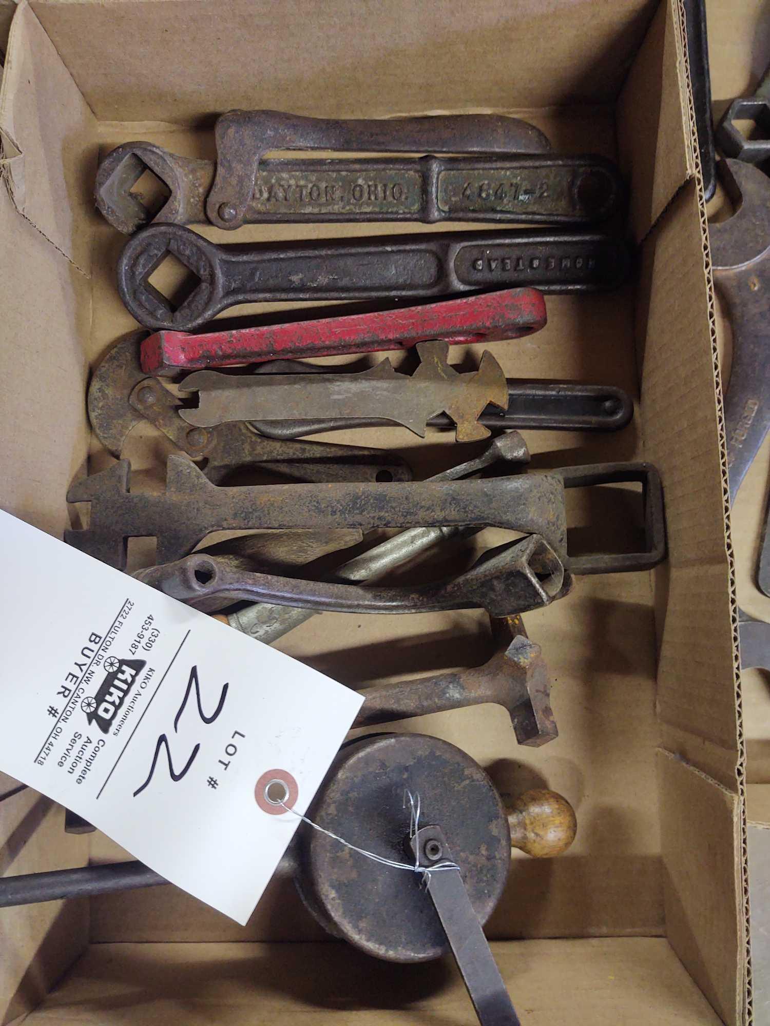 Wooden Toolbox & Assorted Wrenches