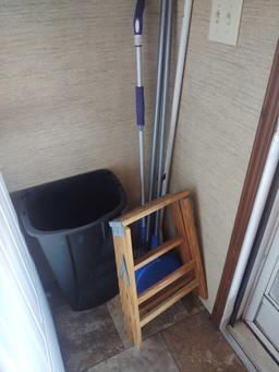 Assorted Brooms, Mops, Laundry Supplies and small step ladder