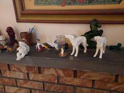 Contents of Fireplace Mantle - Glass Figurines, Small Decor, Candleholders, & more