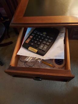 Wooden Office Desk w/ Chair & Contents - Office Supplies, Writing Materials, & more