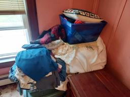 Chest of Blankets, Quilts, & Fabrics w/ Assorted Blankets, Clothes, & Fabrics